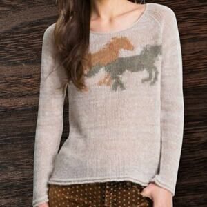 Free People PONY RIDE Blue Cloud Horse Pullover Sweater Sz L Womens Linen Wool +
